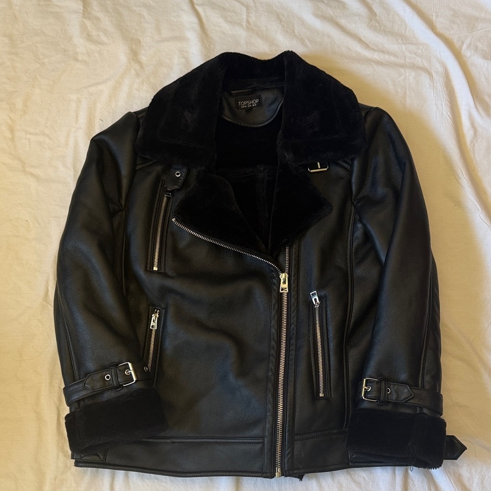 Topshop Black faux Leather biker Jacket with Shearling Collar